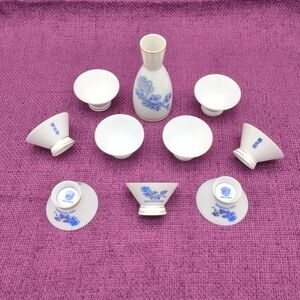 Japanese Kiku-Masamune Porcelain Sake Set - 10 Piece - Carafe & 9 Cups